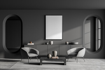 Canvas in dark grey living room with oval mirrors. Seating idea.