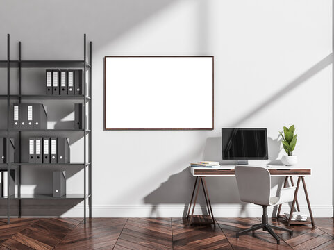 Empty horizontal frame in white manager office with modern personal desk