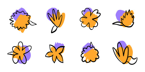 Line drawn black flowers with colored abstract elements. Abstract shapes and flowers.Hand drawn Vector Set.