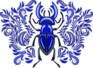 The blue beetle. Composition with an ornament.  Logo, symbol, tattoo, brand logo, T-shirt design, sticker.