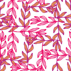 Fototapeta premium Creative outline pink branch with leaves seamless pattern .