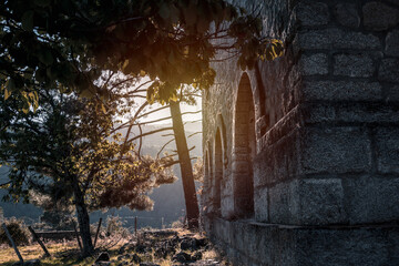 Old stone building in the mountains. Selective focus.