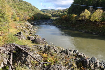 A scenic spot in Hokkaido in Japan 日本の北海道にある景勝地 : Kamuikotan on Ishikari-gawa River flowing through Asahigawa City 旭川市を流れる石狩川の岸にある神居古潭