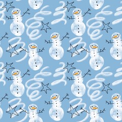 Seamless winter Christmas pattern with snowman on blue background for fabrics and textiles 