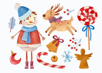 Set of watercolor illustrations with snowman, deer and new year candies