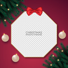 Christmas photo frame with pine branch Christmas ball gift box red ribbon and star light