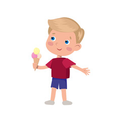 Vector cute flat boy with waffle cone ice cream