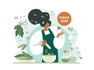Girl pounding leaves of plants in a mortar herbalist school.Tea, herbal collection, vector illustration