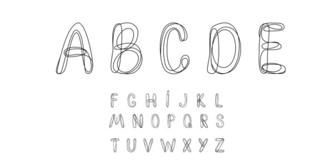English Alphabet Letters. A set of decorative letters drawn with one continuous line. Vectran illustration isolated on white background.