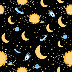 Galaxy seamless pattern with sun, planets and alien ufo, stars and constellations on dark background, colorful ornate for textile, astronomy theme, night sky