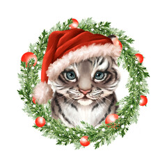 Tiger with Christmas wreath, portrait in Santa Hat. New year portrait.