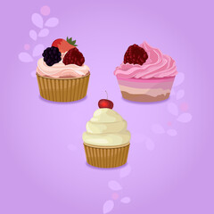 cupcakes with cream, cherry and berries in volumetric style 