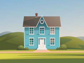 Beautiful blue house against the background of a rural landscape. Vector illustration