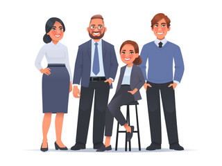Business team. Group portrait of colleagues, smiling men and women stand together. Office employees of the company