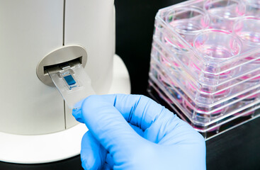 Scientist inserts two chamber slide into automatic cell counter for calculating the concentration...