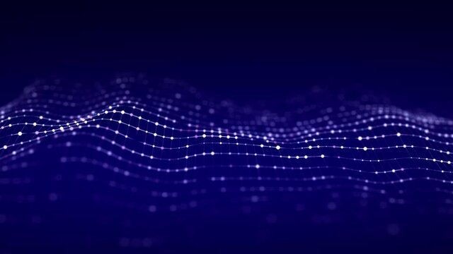 Futuristic digital wave. Dark cyberspace. Abstract wave with dots and line. White moving particles on a black background. 3d rendering.