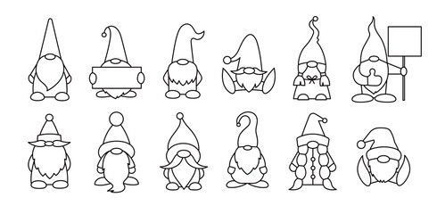 Gnomes or dwarfs isolated linear illustrations. Set of magic cartoon gnome characters. Santa Claus helpers. Line icons. Black and white. Coloring book page
