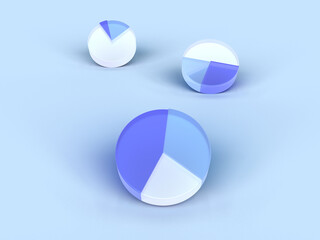 3D rendered transparent pie charts with two marked parts on a light background. Illustration for infographics or presentation of results. Visualization for markets and statistics.