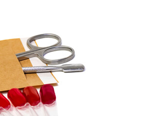Set of sterilized working tools for manicure and pedicure isolated on white, copyspace. Manicure...