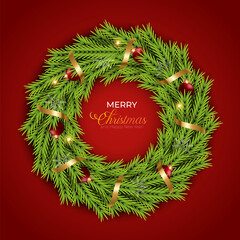 Christmas wreath With pine branch golden ribbon and red  ball