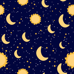 Obraz na płótnie Canvas Starry night seamless pattern with sun and moon on dark background, ornate for wrapping paper, bedding or textile, galaxy themed background in cartoon style