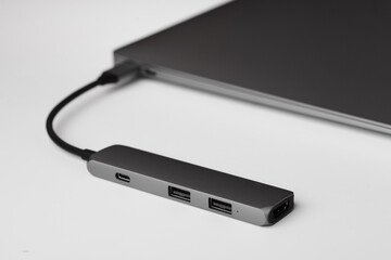 Close-up photo of type-c hub connected to laptop
