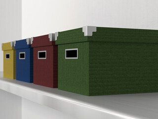 3d rendering of multiple colors cardboard boxes for documents with metallic corners on a shelf