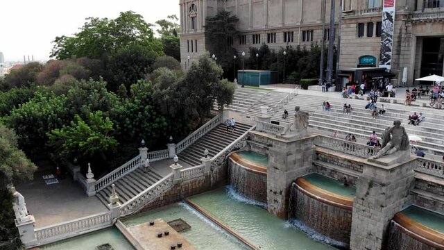 Drone shot of the National Palace in Barcelona. National Museum of Art of Catalonia. View from a drone museum in Barcelona. Montjuic. Mountain in the capital of Catalonia Barcelona