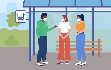 Bus stop during pandemic flat color vector illustration. After covid health precaution to be on public street. People in face masks talking 2D cartoon characters with cityscape on background
