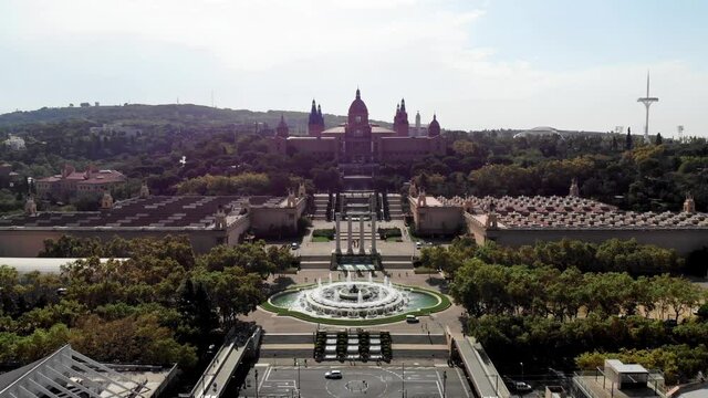 Drone shot of the National Palace in Barcelona. National Museum of Art of Catalonia. View from a drone museum in Barcelona. Montjuic. Mountain in the capital of Catalonia Barcelona