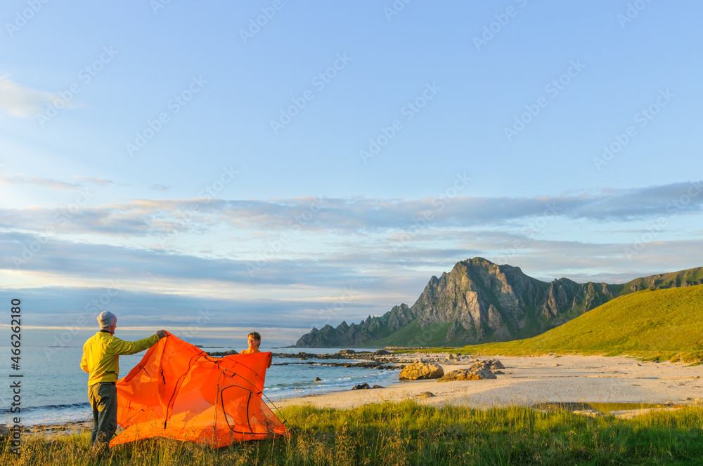 Canvas Prints couple camping with tent near seaside in Norway