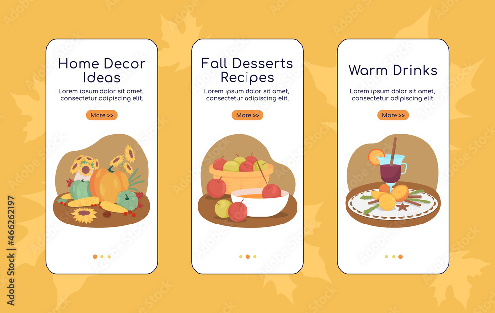 Wall mural autumnal composition onboarding mobile app screen flat vector template. walkthrough website 3 steps 