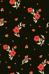 Rustic floral print with red flowers Seamless pattern with small flowers and leaves on a black background. Vector.