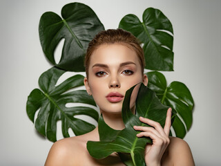 Closeup face of young beautiful woman with a healthy clean skin. Beautiful white girl with big...