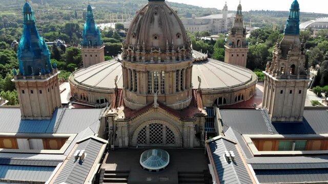 Drone shot of the National Palace in Barcelona. National Museum of Art of Catalonia. View from a drone museum in Barcelona. Montjuic. Mountain in the capital of Catalonia Barcelona