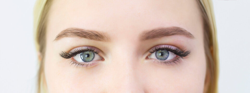 A girl with beautiful green eyes, artificial black eyelashes. Close-up of the eyes. Eyelash extensions. L-bend