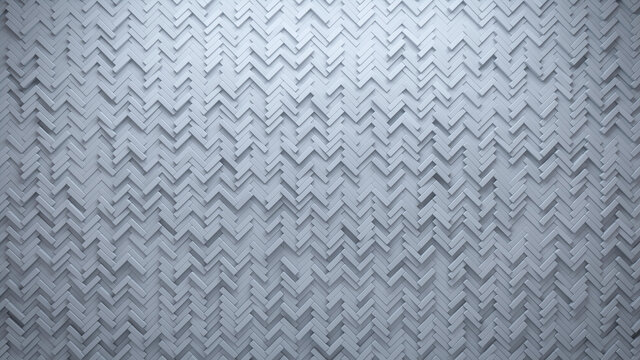 Polished, 3D Wall background with tiles. Herringbone, tile Wallpaper with White, Futuristic blocks. 3D Render
