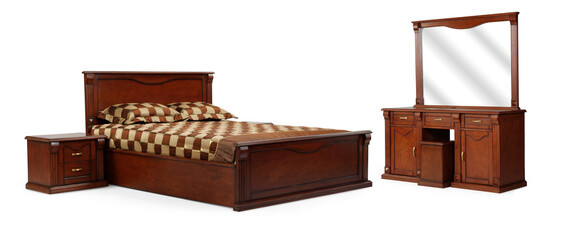 classic bed with mirrored dressing table isolated on white background .