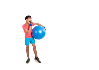 Young funny student is engaged in fitness.