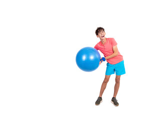 Young funny student is engaged in fitness.