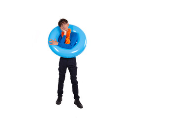 Work and study on vacation. A funny nice guy and a rubber ring.