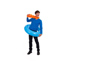 Work and study on vacation. A funny nice guy and a rubber ring.