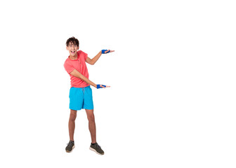 Young funny student is engaged in fitness.