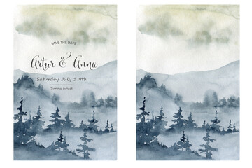 Landscape, watercolor forest and mountains, hand painting. Beautiful forest scene for wedding invitation pre-made card design.