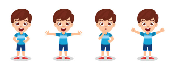 Cute beautiful kid boy character doing different actions and different activity with cheerful expression waving posing