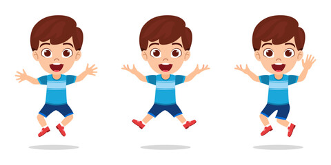 Cute beautiful kid boy character doing different actions and different activity with cheerful expression waving jumping posing