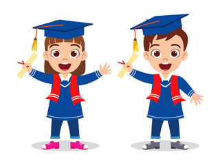 Cute beautiful kid boy and girl character waring graduate outfit with hat and holding certificate award and standing waving isolated