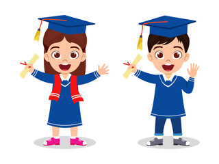Cute beautiful kid boy and girl character waring graduate outfit with hat and holding certificate award and standing waving