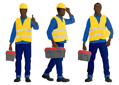 African-American construction worker with toolbox showing thumb up. Walking construction worker with a toolbox. Vector flat-style illustration set isolated on white