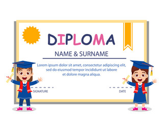 Cute beautiful kid boy and girl character waring graduate outfit with hat and holding certificate award and standing beside diploma certificate